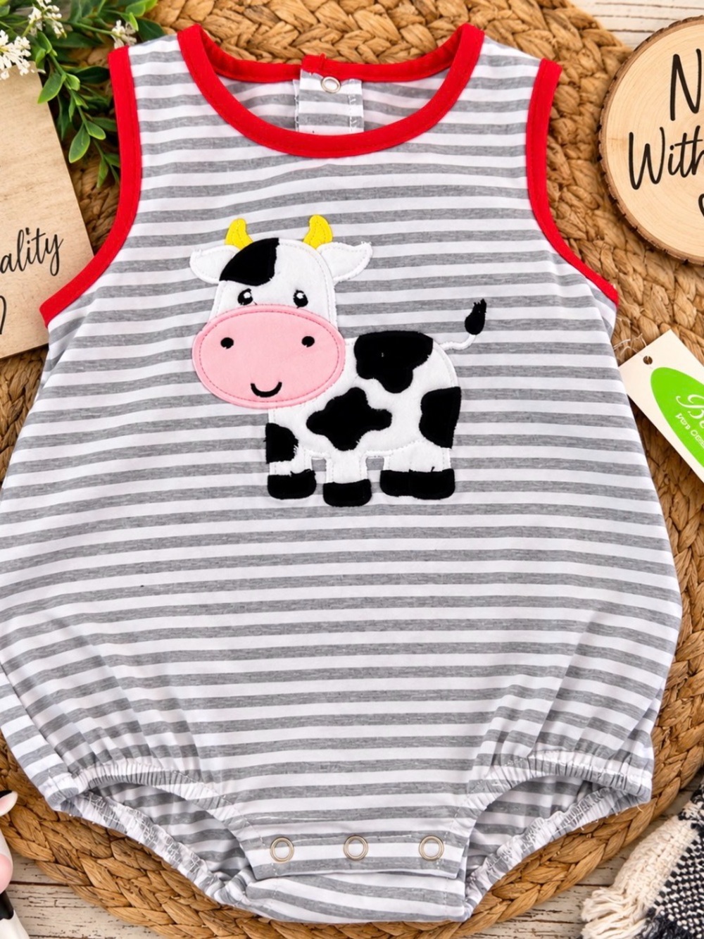 Gray & White Striped Cow Appliqué Baby One-Piece with Red Trim